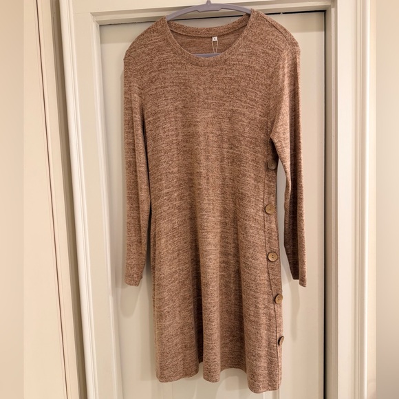 OFEEFAN Winter Dress for Women Long Sleeve Dress Buttons Side Khaki - Picture 6 of 9